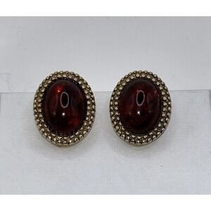 Vtg Signed CINER Etruscan Faux‎ Amber Cabochon CLIP EARRINGS Double Granulation